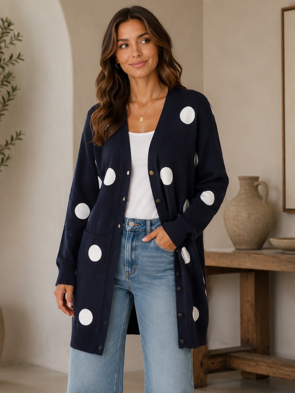 ShopEvelynne Navy and White Polka Dot Long Cardigan